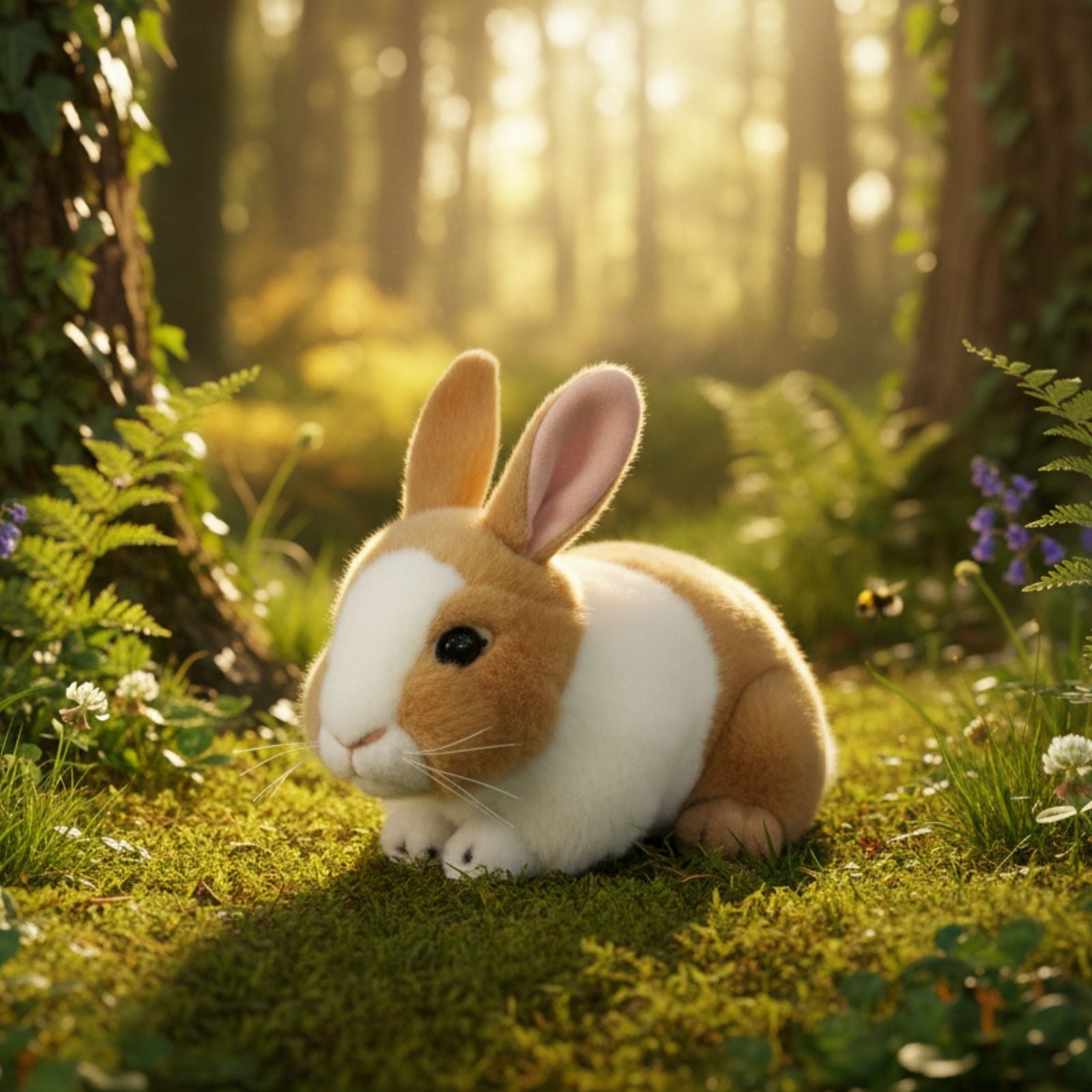 Mopsy bunny plush sitting on mossy forest floor.