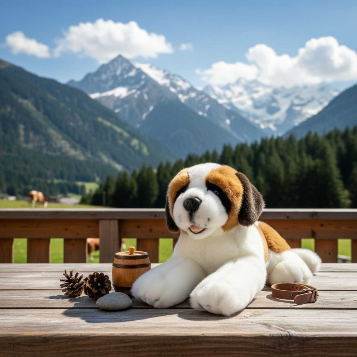 Mozart St. Bernard plush toy on wooden table with alpine mountains