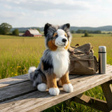 Plush toy dog on a wooden bench in a field with a red barn in the background