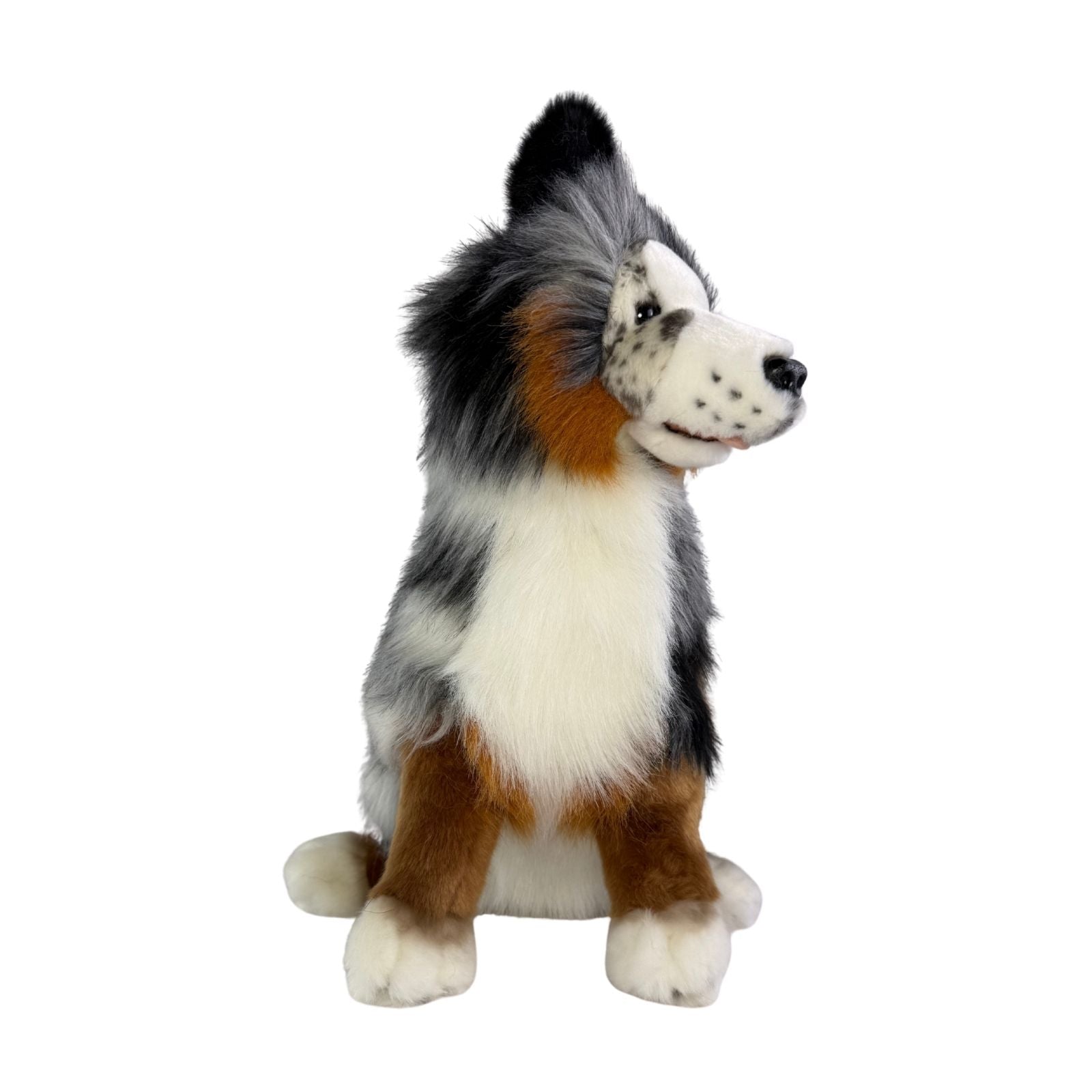 Plush toy dog with black, white, and brown fur on a white background
