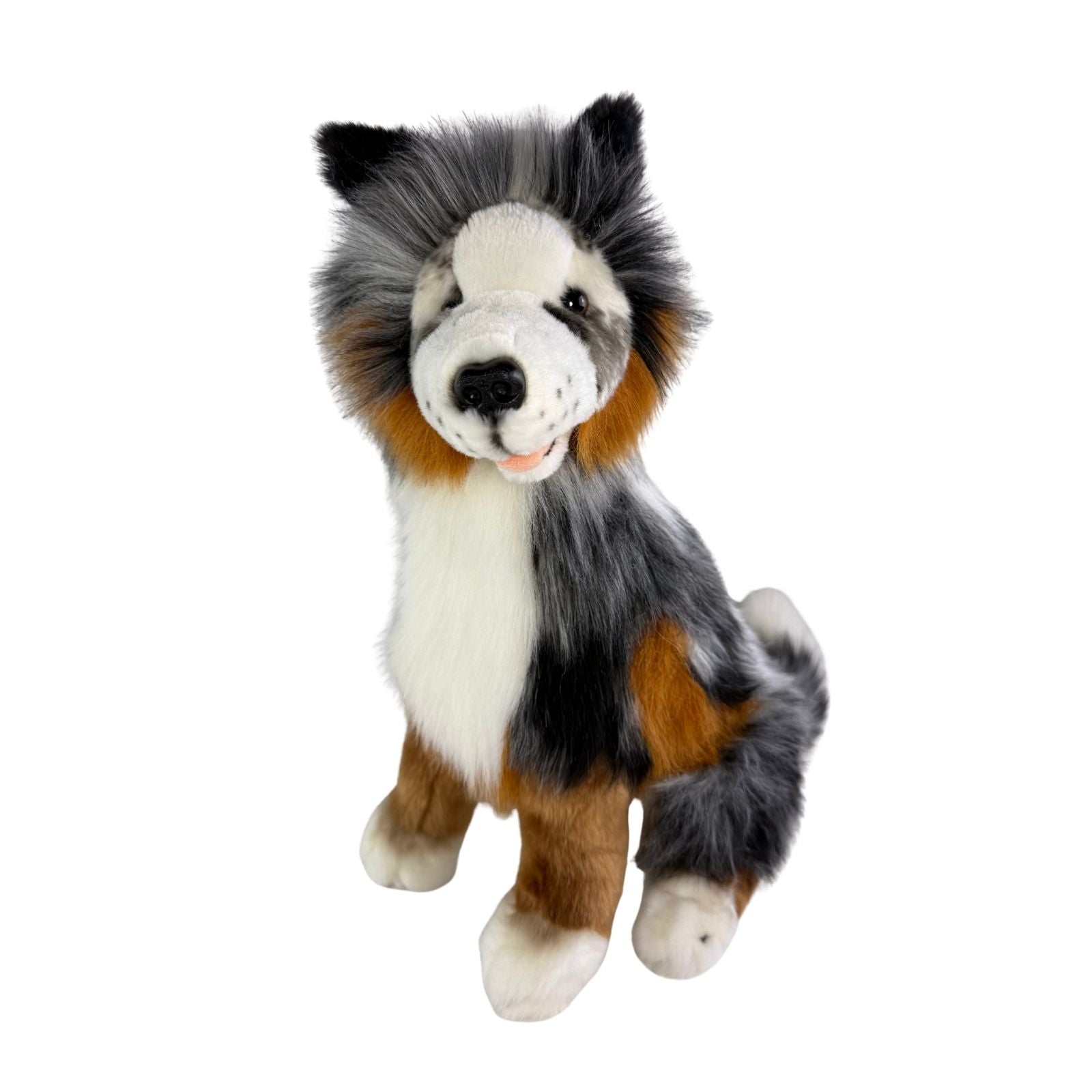 Plush toy resembling a dog with gray, white, and brown fur on a white background