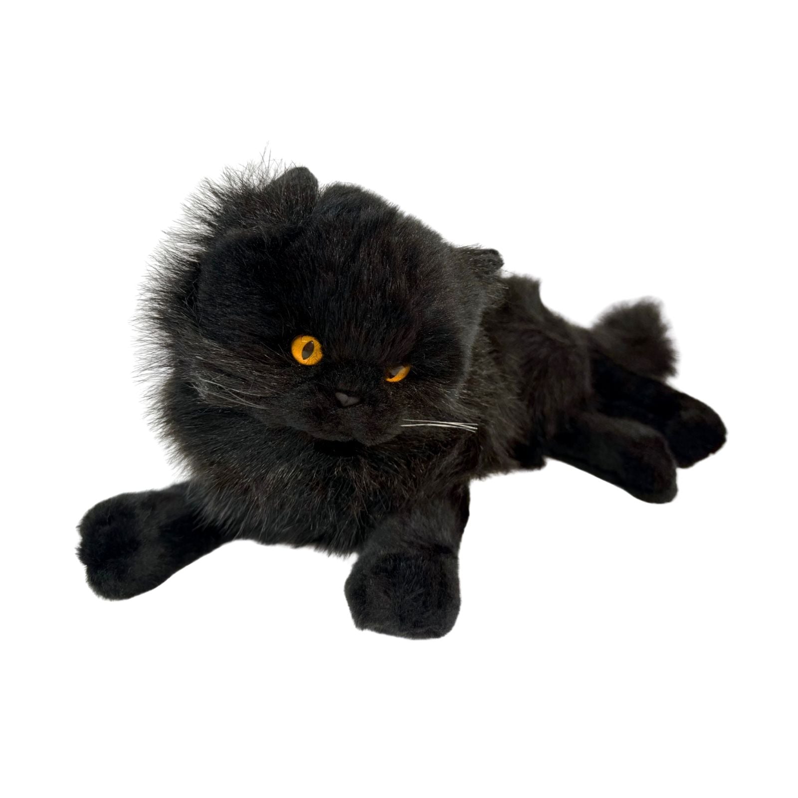 Onyx black Persian cat plush lying front view