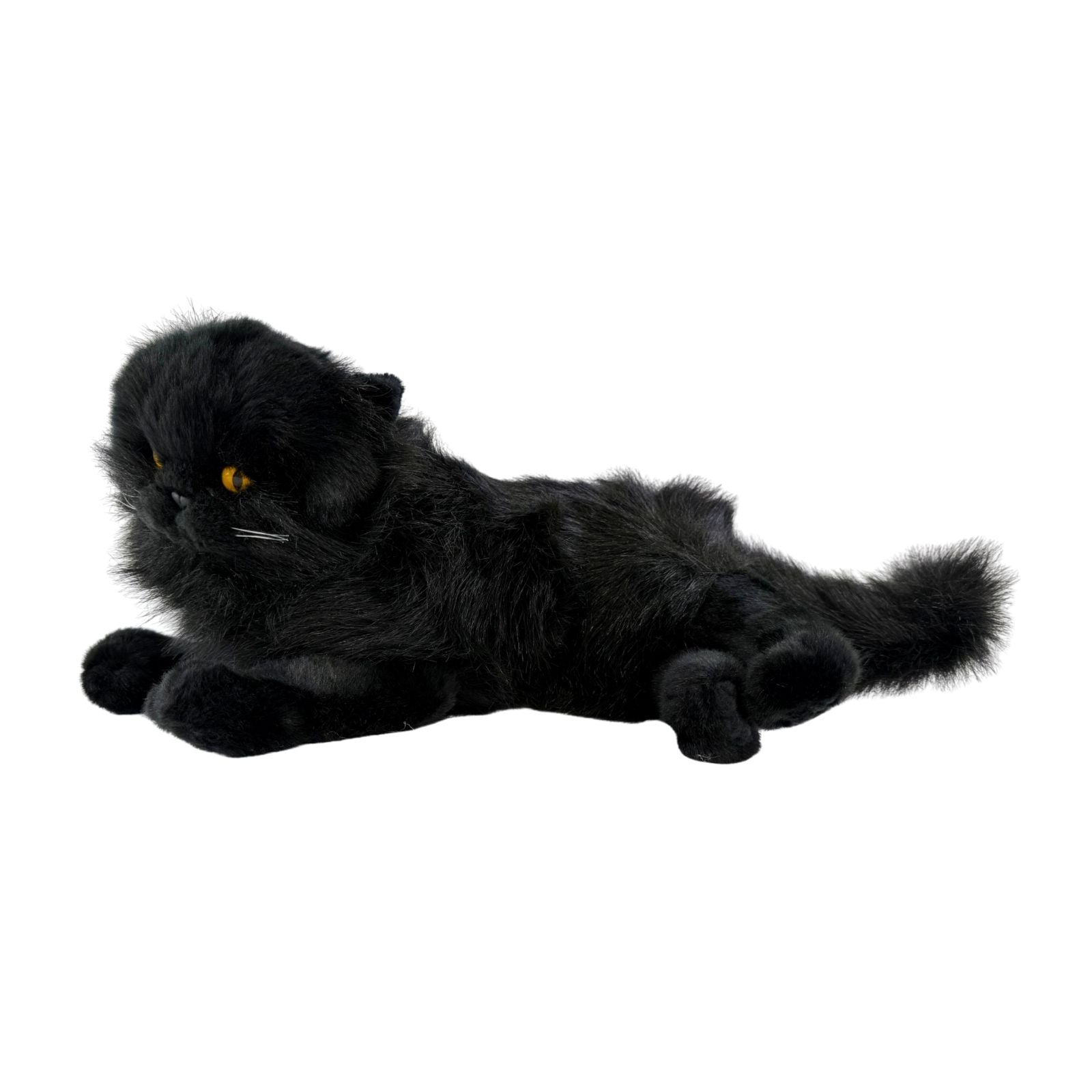 Onyx black Persian cat plush lying side view