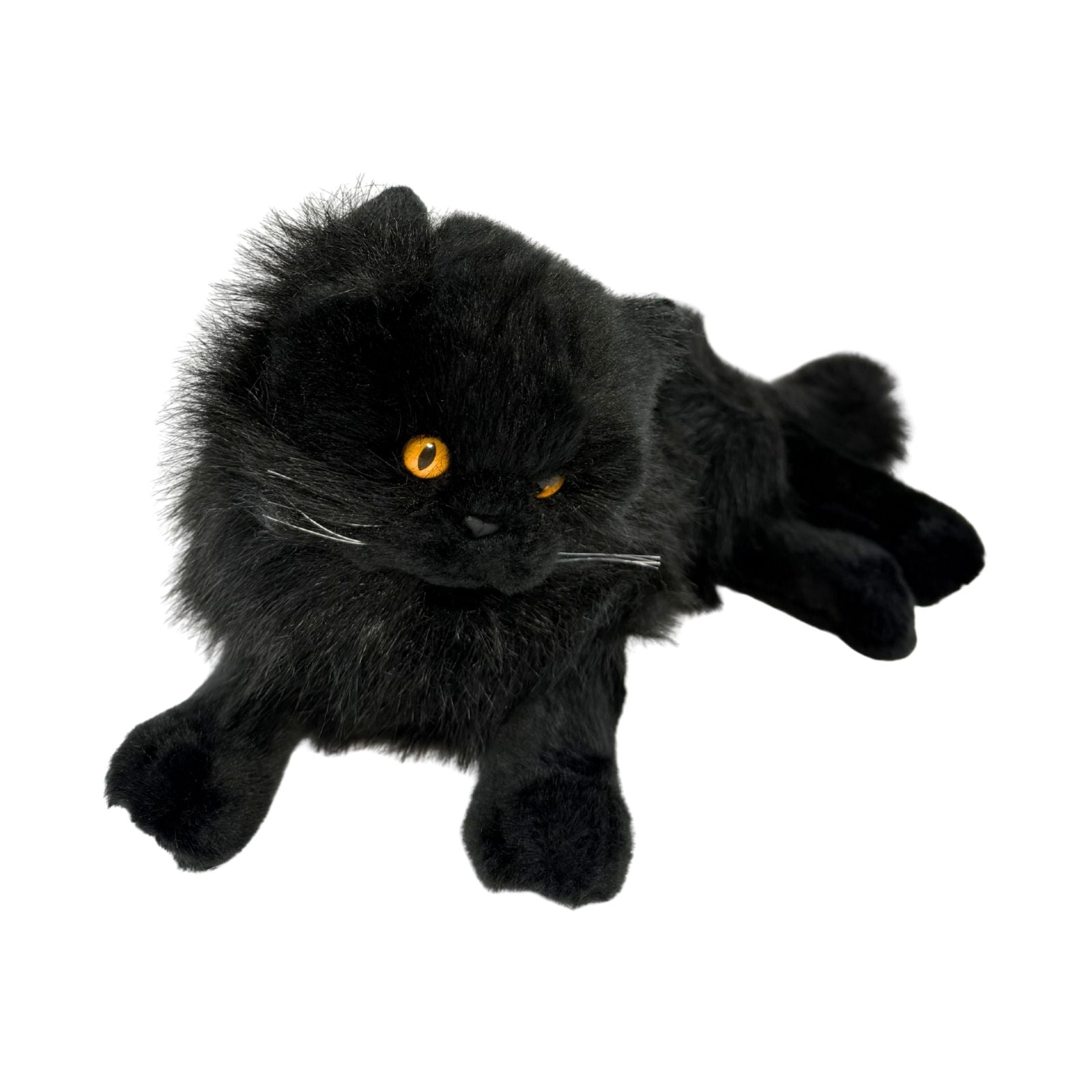 Onyx black Persian cat plush lying front view
