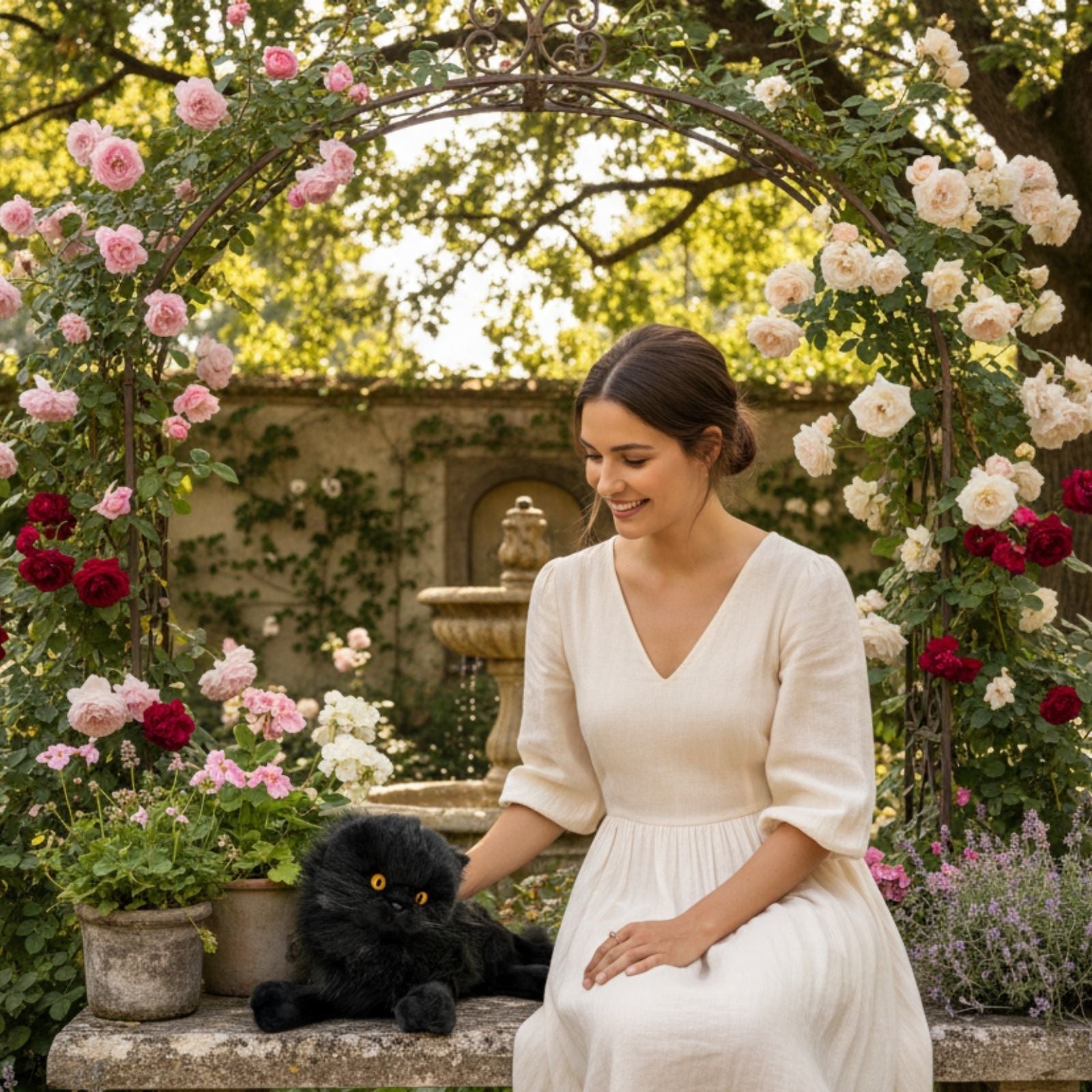 Onyx black Persian cat plush lying in garden with a woman in white dress