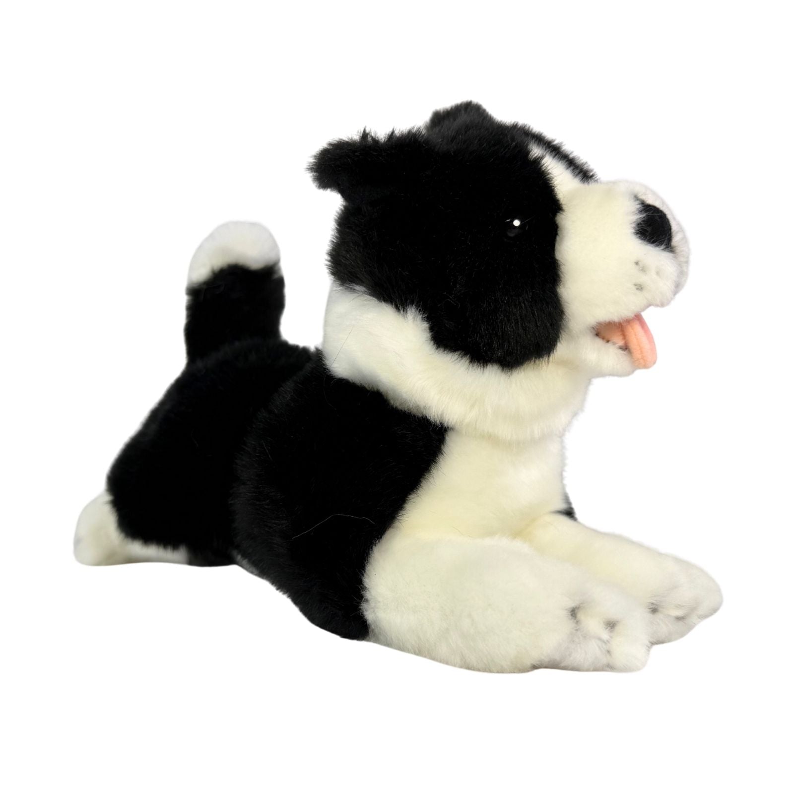Patch Border Collie plush lying with tongue out