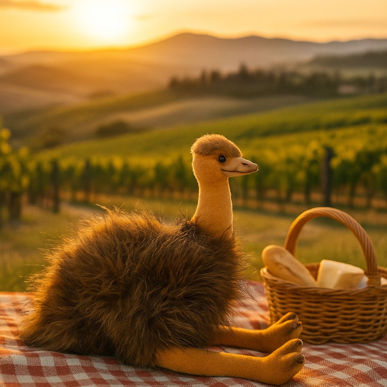 Plush hedgehog and emu on a picnic blanket with a vineyard and sunset in the background
