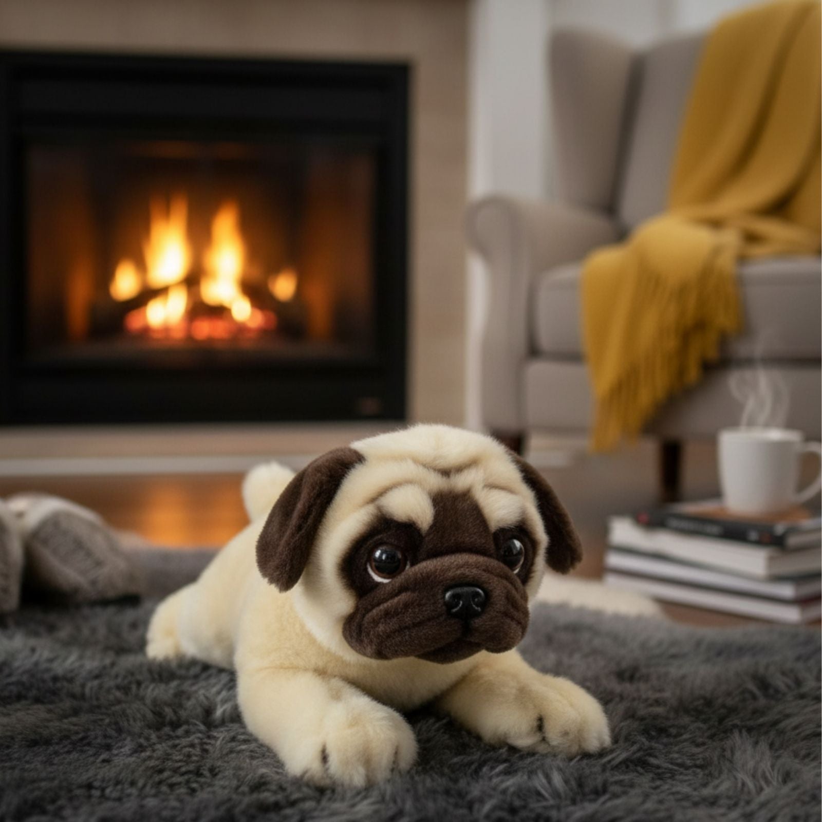 Floppy Pepito pug plush toy on gray rug in cozy living room with fireplace