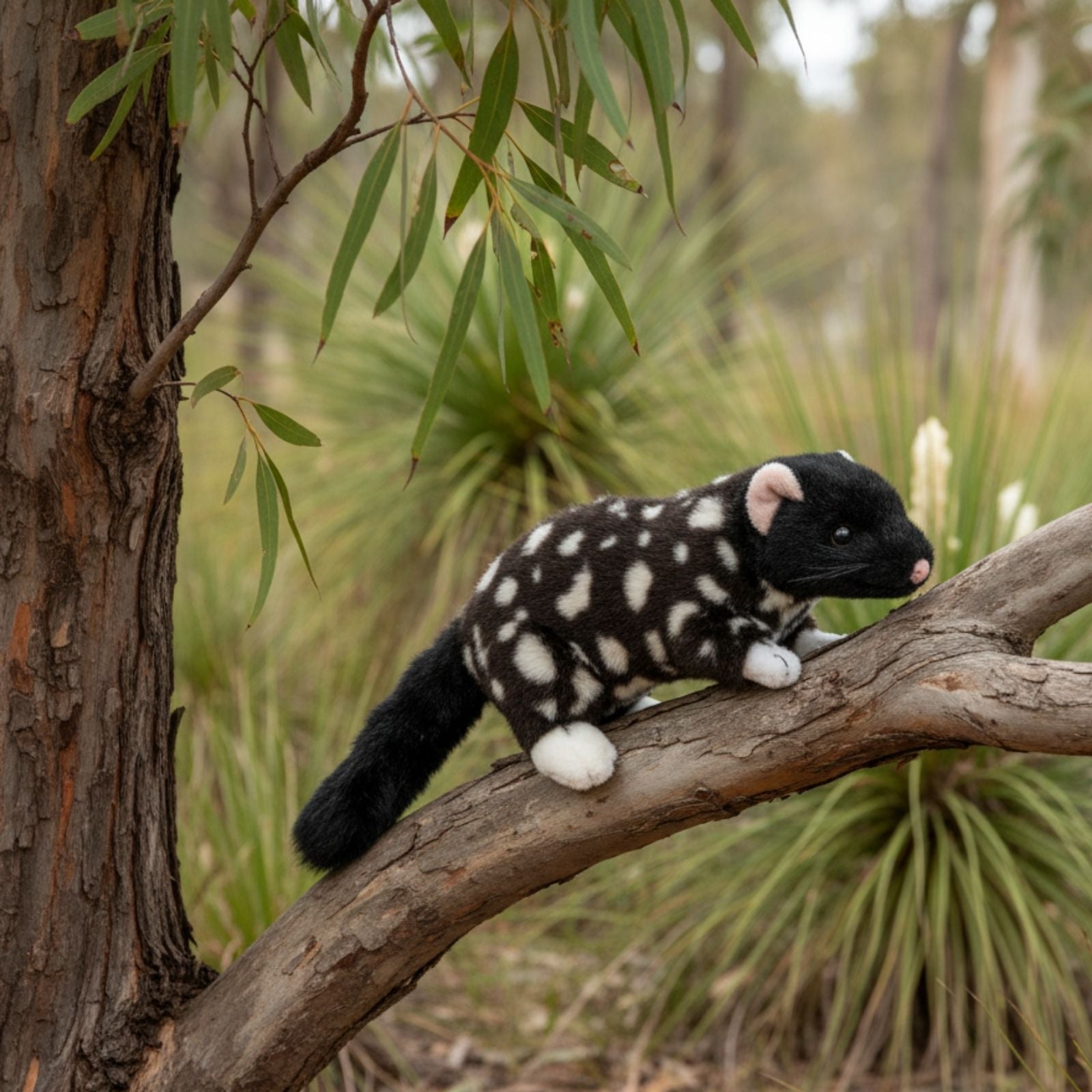 A Black Eastern Quoll a realistic soft plush toy in tree