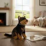 Quinn kelpie plush toy sitting on wooden floor in living room