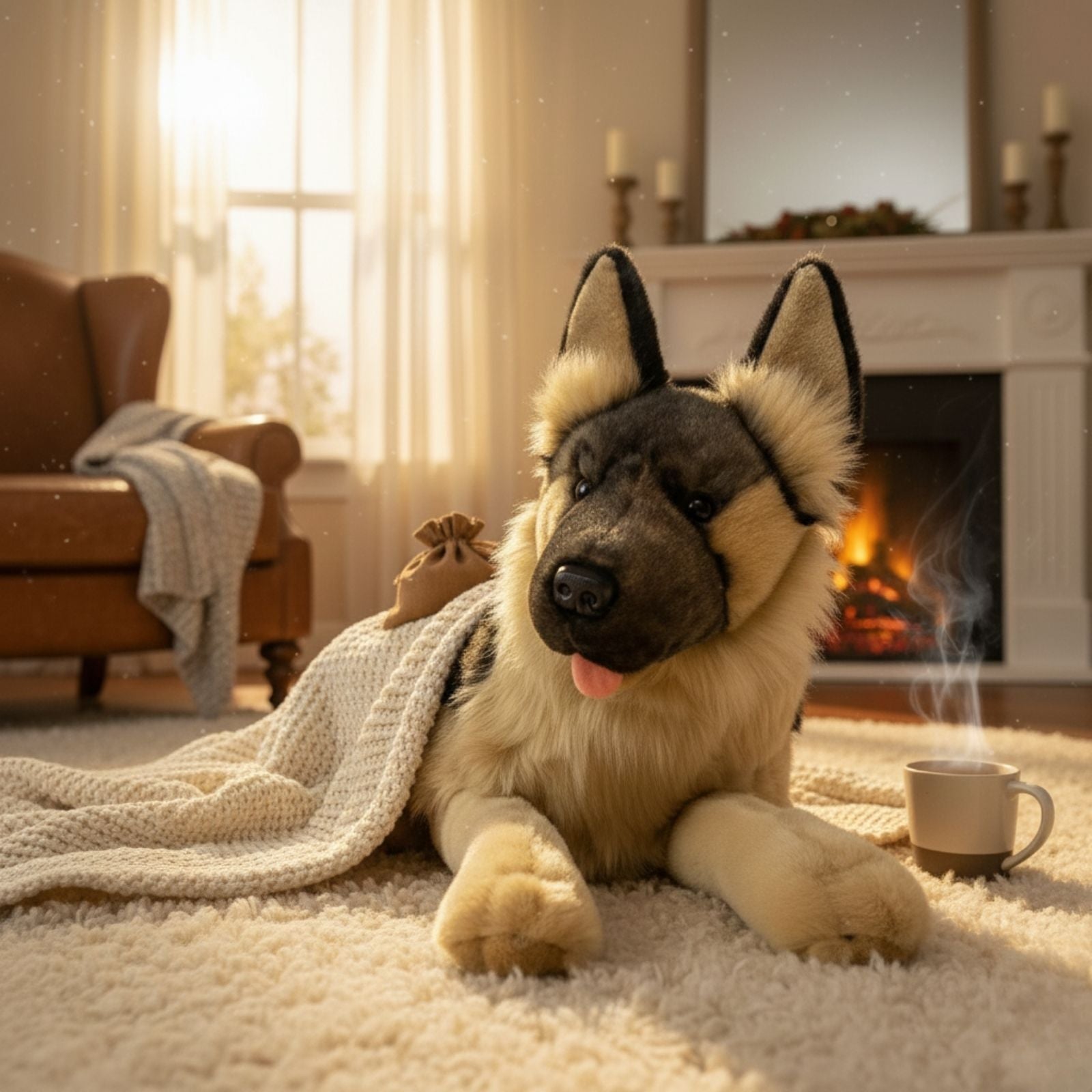 Ranger German Shepherd plush on carpet near fireplace with blanket