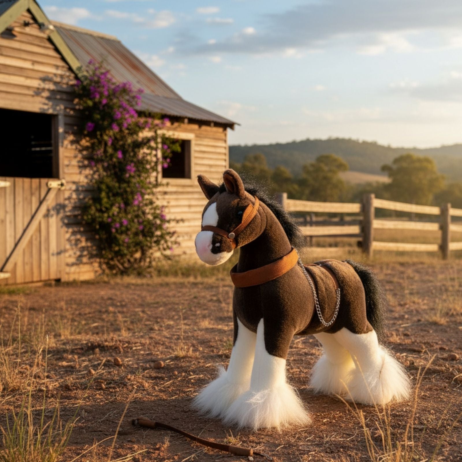Rimsky Clydesdale Horse plush near rustic barn with hills at sunset