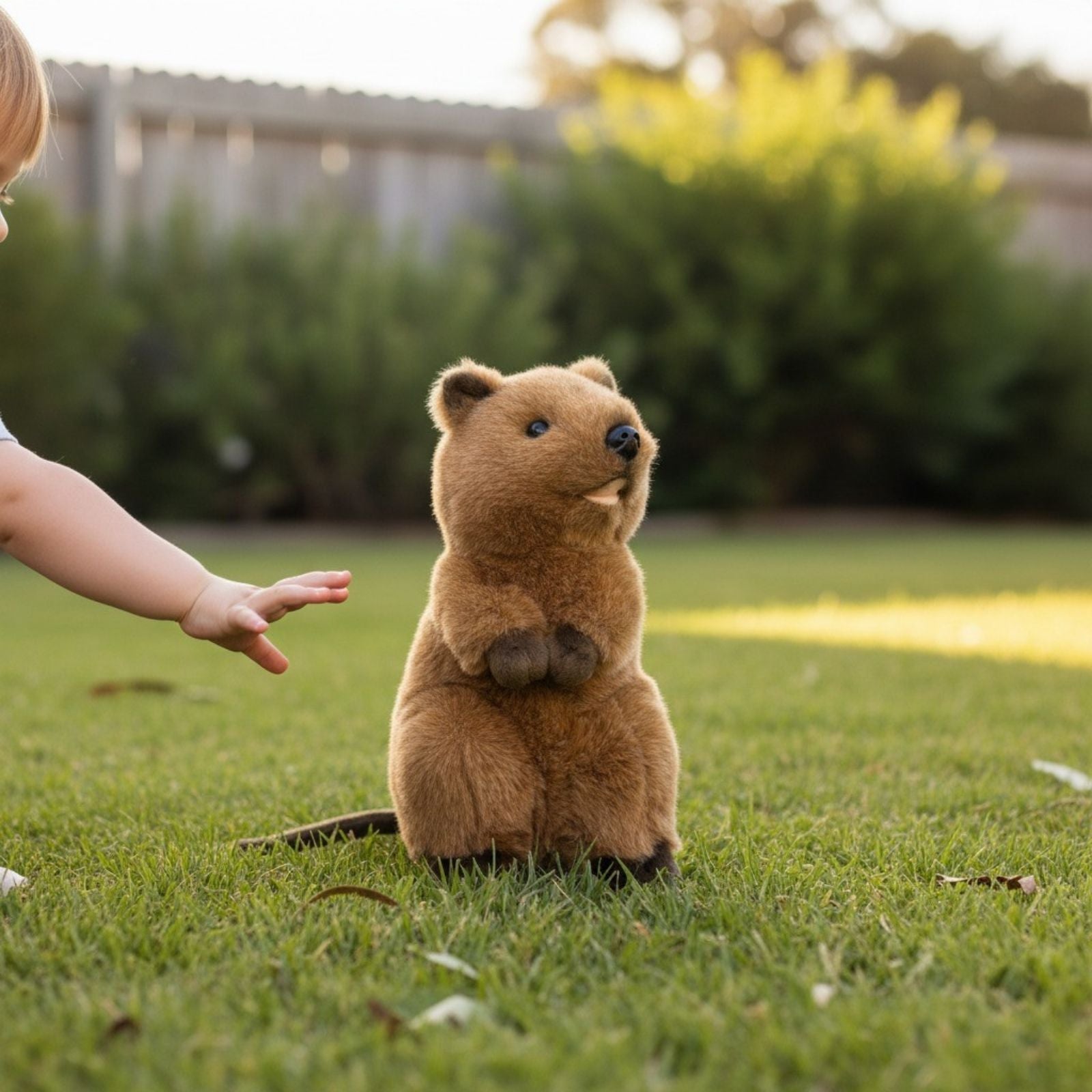 Child's hand reaching towards a standing Plush toy beaver on grass