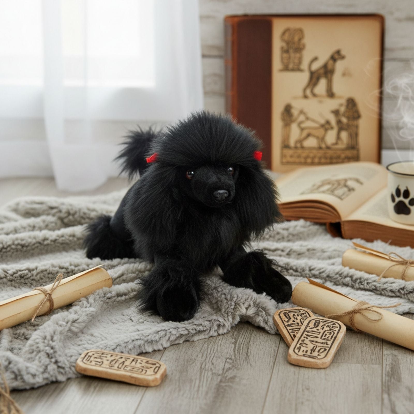 Romeo black Poodle plush crouching on blanket with scrolls, tablets, and books.