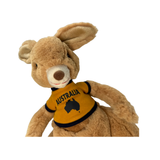 Plush kangaroo toy wearing an 'Australia' shirt with a map of Australia on a white background
