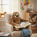 Sloth soft plush toy sitting on armchair reading picture book kidsβ room