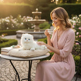 Snowflake Persian cat plush toy lying on cushion in a garden