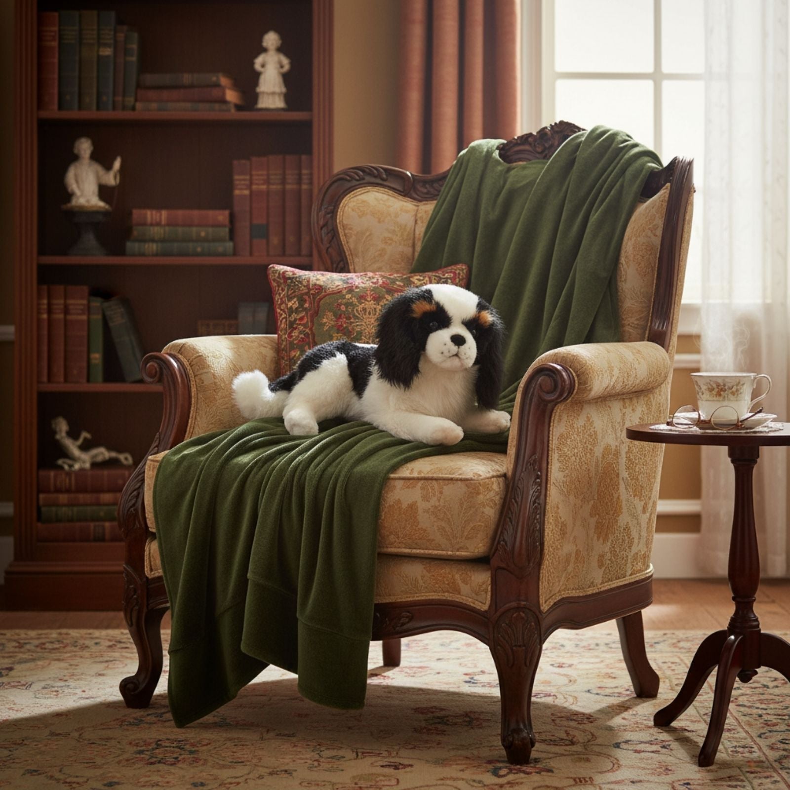 Snuggles Cavalier King Charles plush toy lying on ornate armchair with green blanket