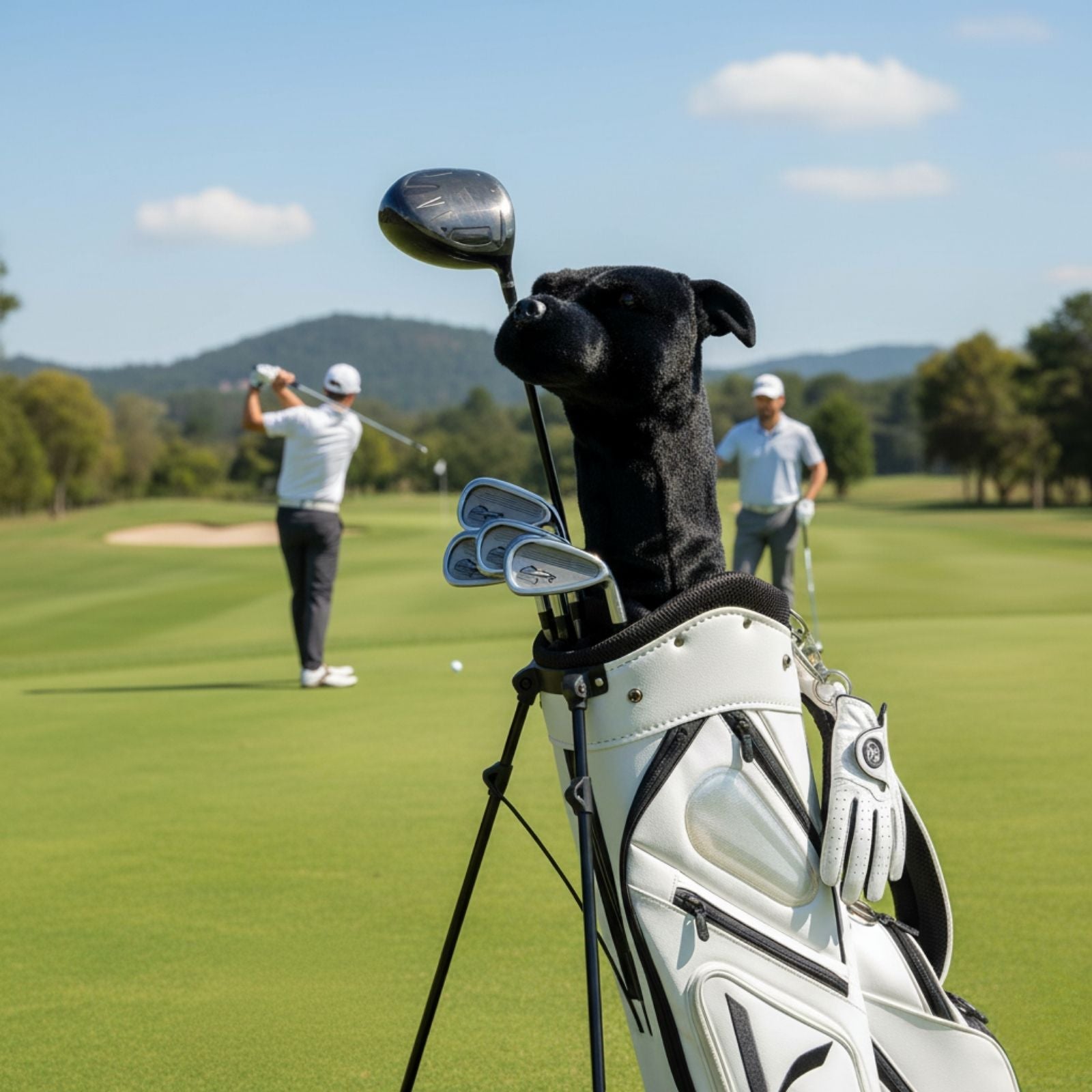 Black Staffy golf club head cover on golf bag with players in the back