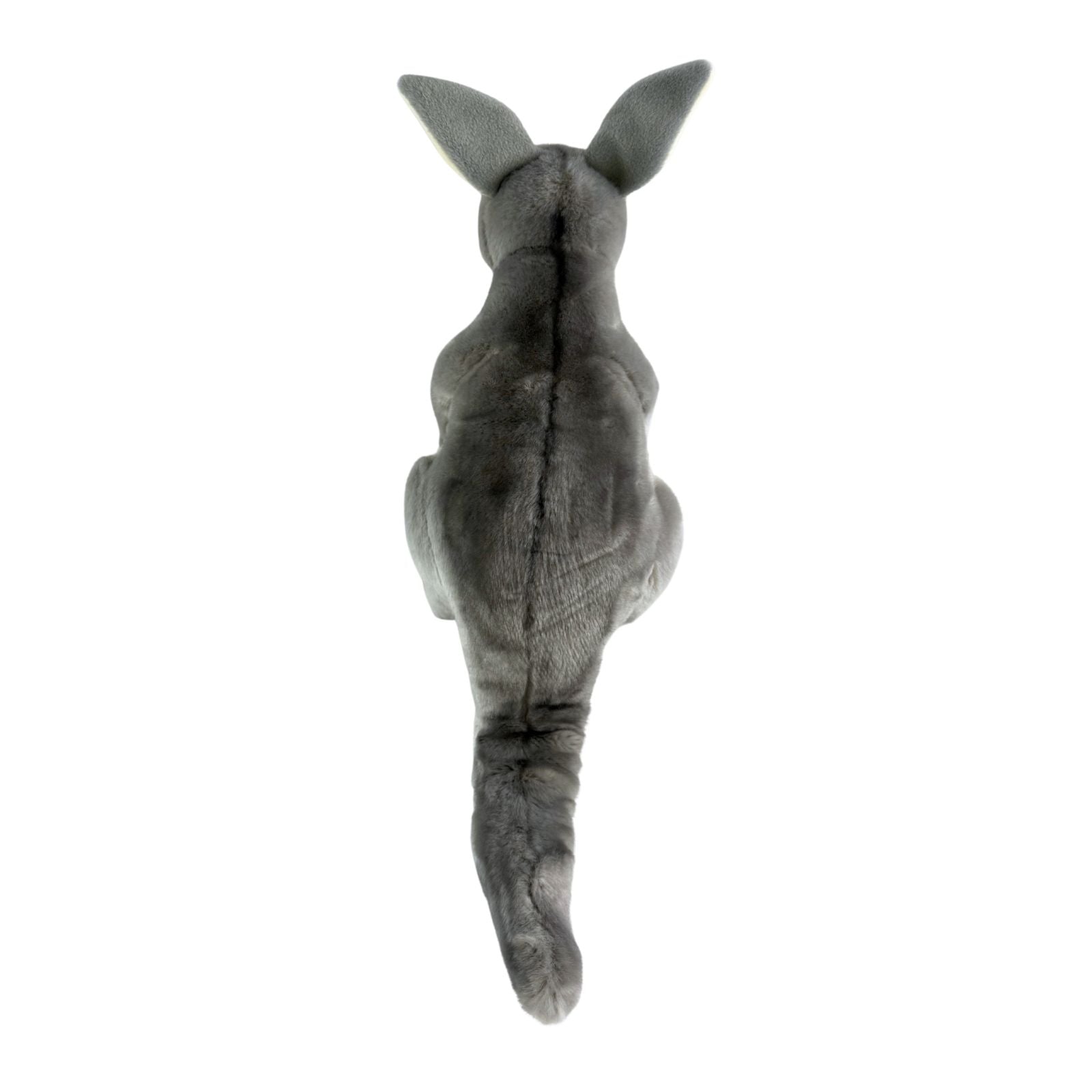 Plush toy resembling a dinosaur from behind on a white background