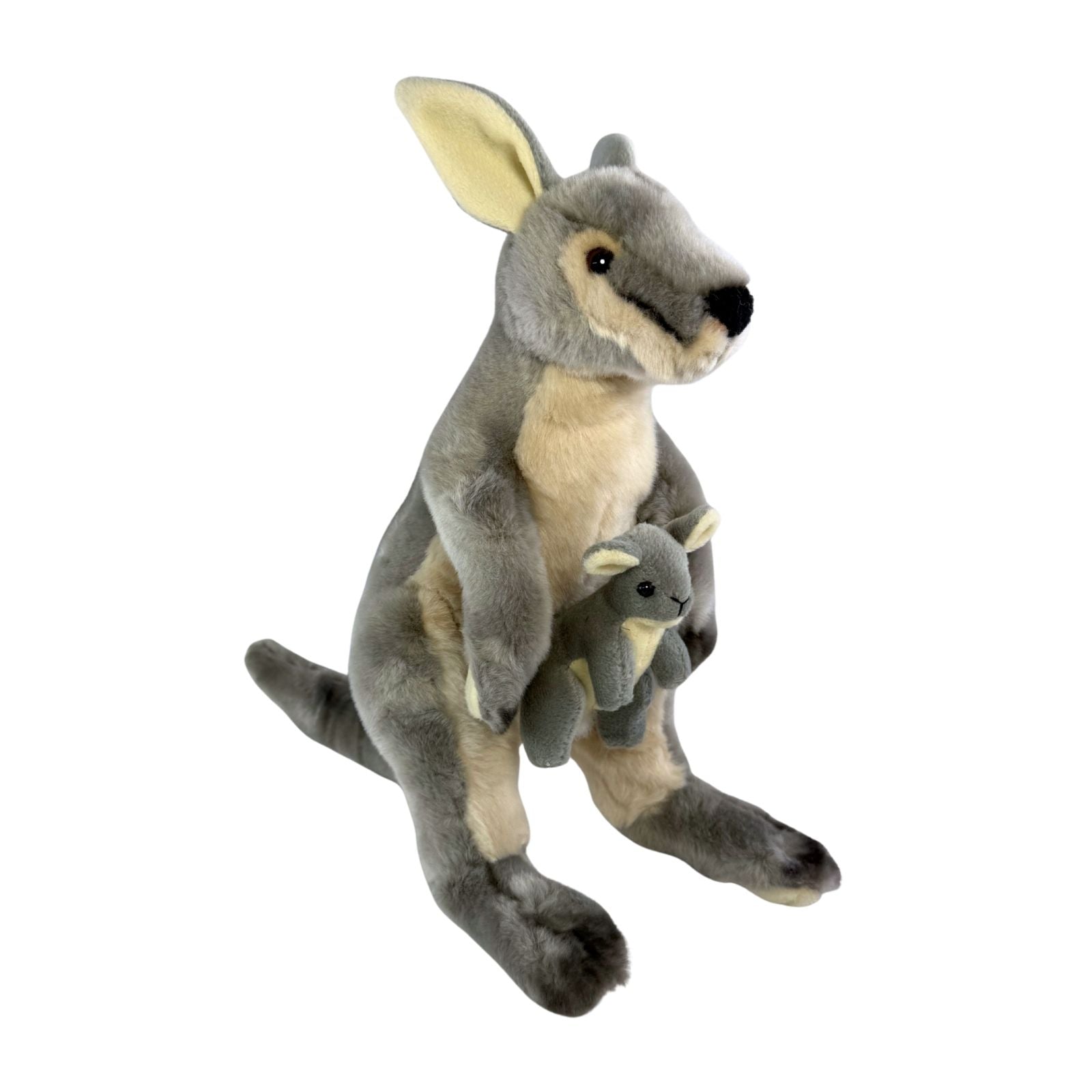 Plush toy kangaroo with baby on a white background