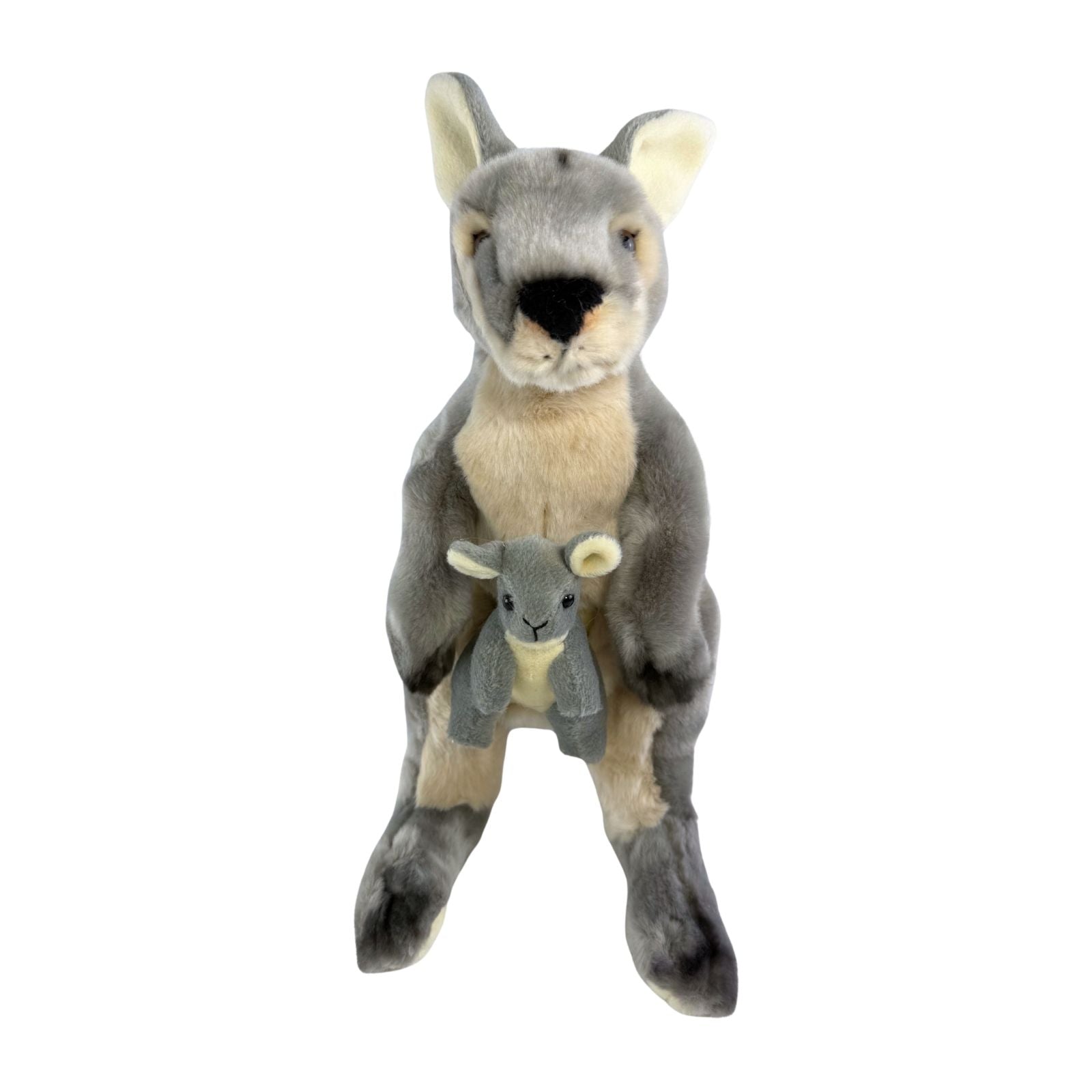 Plush toy kangaroo holding a baby kangaroo on a white background