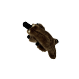 Brown furry glove with black accents on a white background