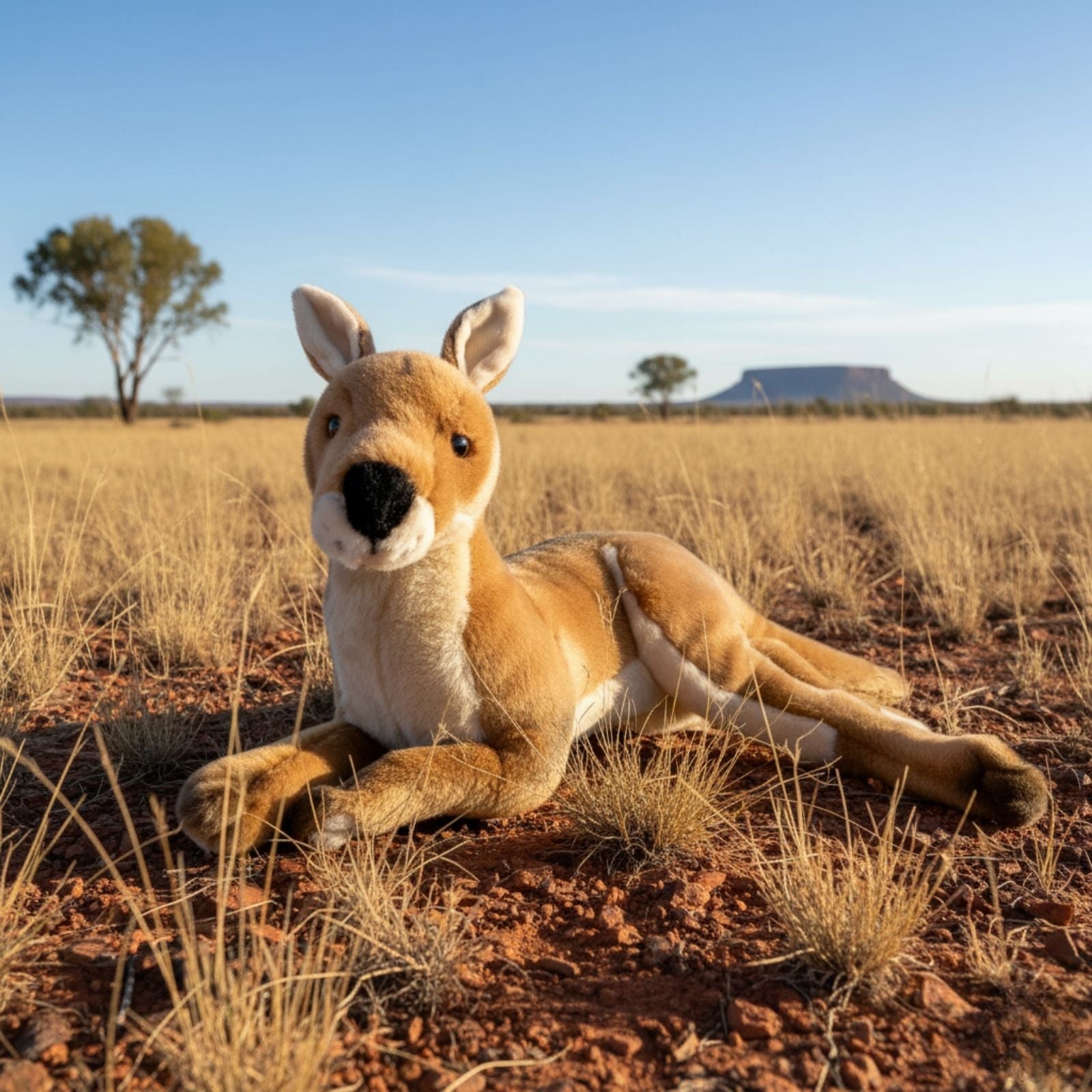 Plush kangaroo toy in a desert landscape with clear blue sky
