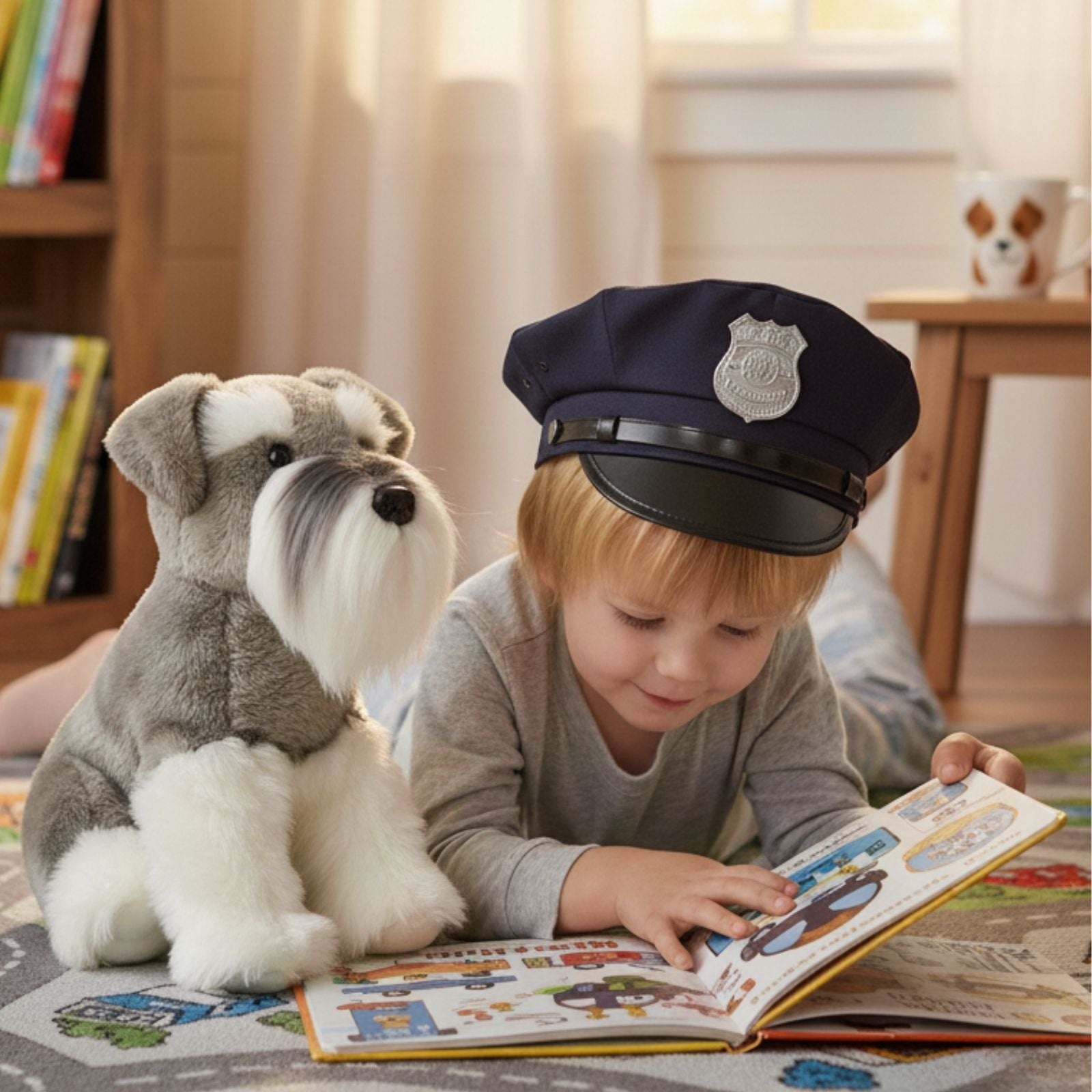 Child wearing police hat reading book beside Watson Schnauzer plush toy in a room