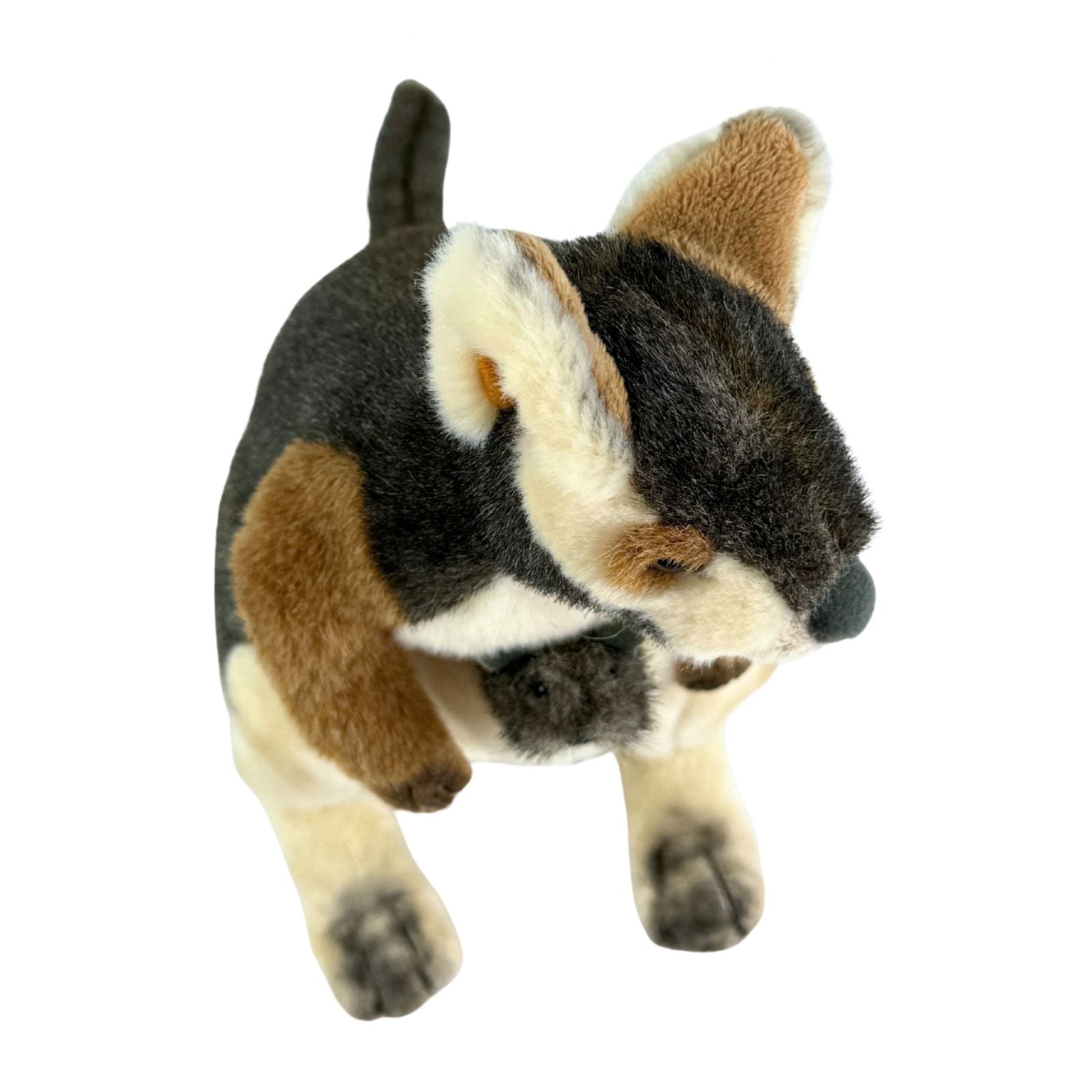 Plush toy kangaroo with black, brown, and white fur on a white background