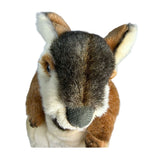 Close-up of a plush toy resembling a kangaroo with brown, black, and white fur on a white background