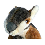 Close-up of a plush toy resembling a kangaroo with brown, gray, and white fur.