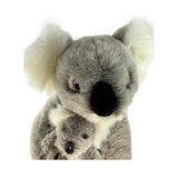 A close-up image of a soft plush koala toy featuring a larger mother koala holding a small baby joey in its arms