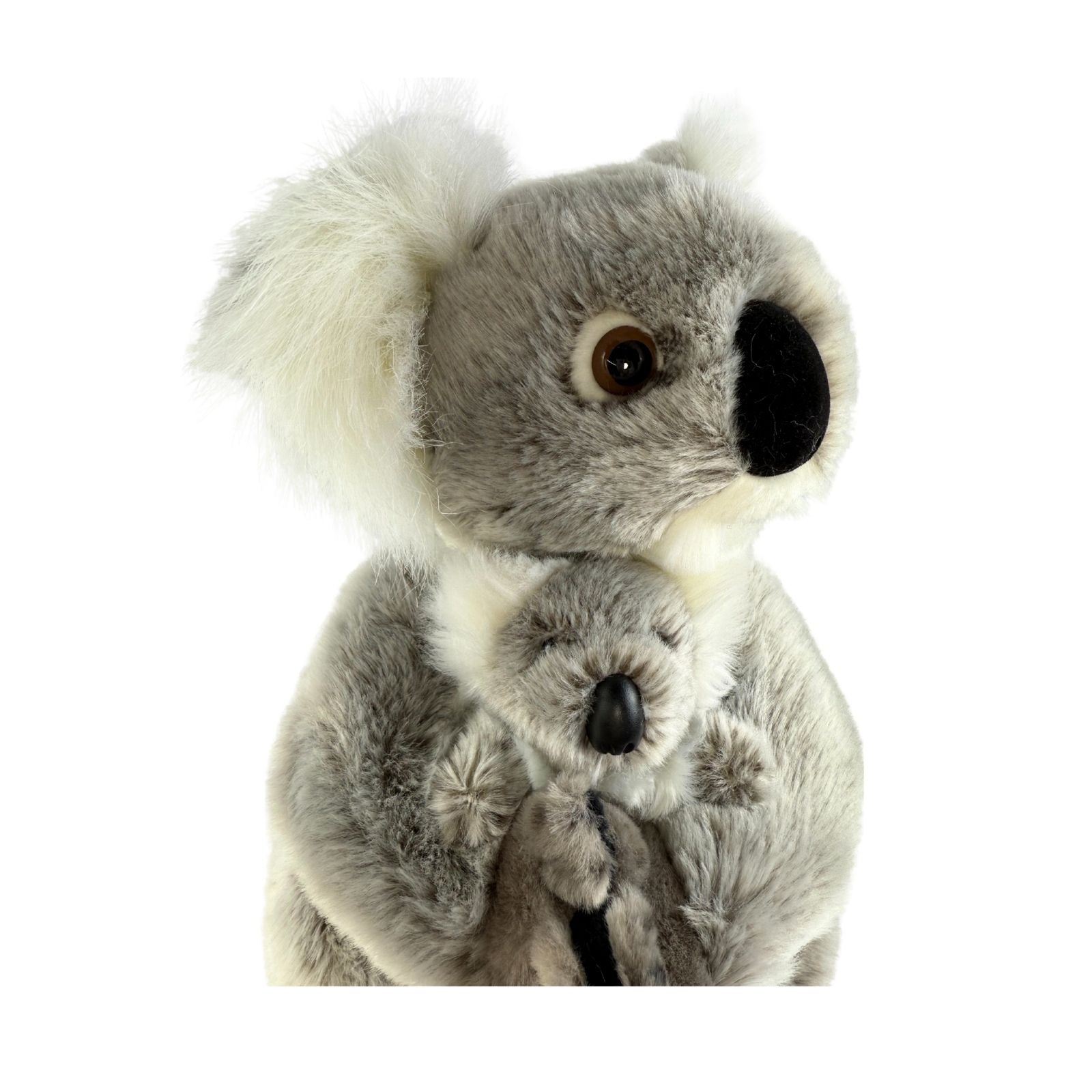 A gray and white plush koala stands holding a smaller joey in its arms.