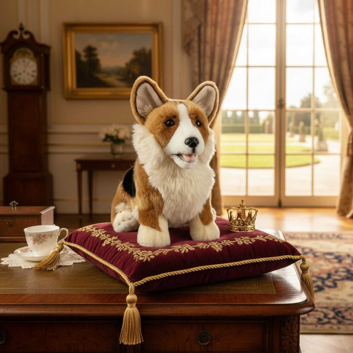 Windsor Welsh Corgi plush toy sitting on ornate red velvet cushion with gold crown in elegant room