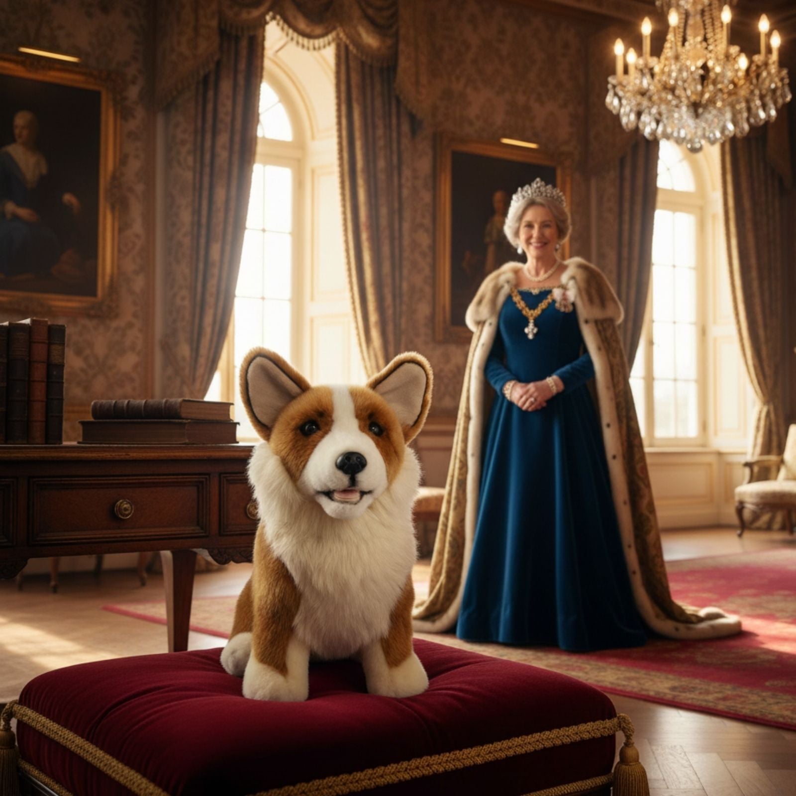 Windsor Welsh Corgi plush toy sitting on red velvet cushion with queen standing in elegant room