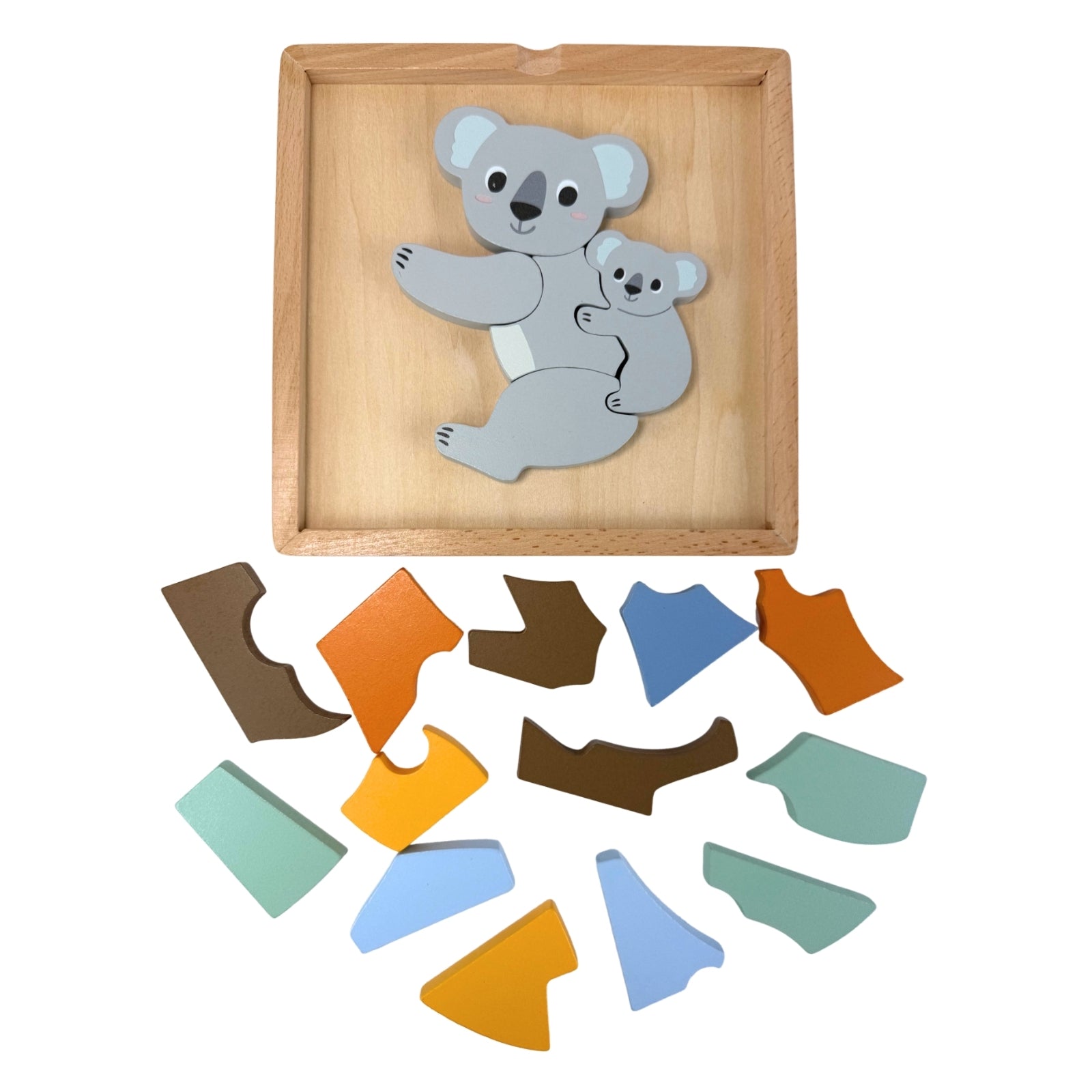 Partially assembled wooden koala puzzle with colorful loose pieces below