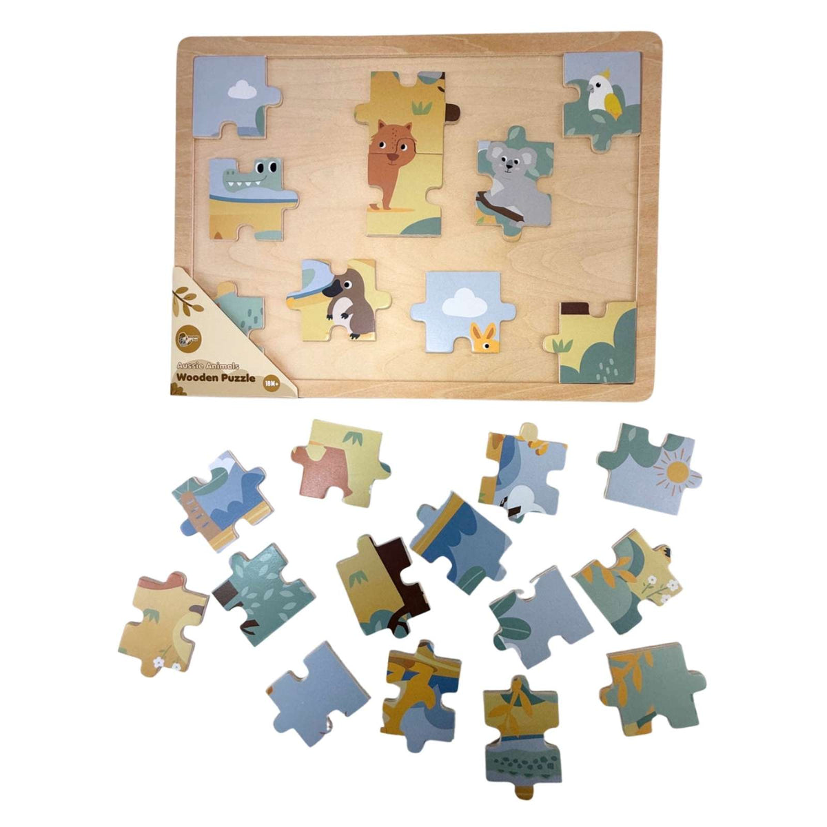 Partially assembled Aussie animals wooden puzzle with loose pieces below