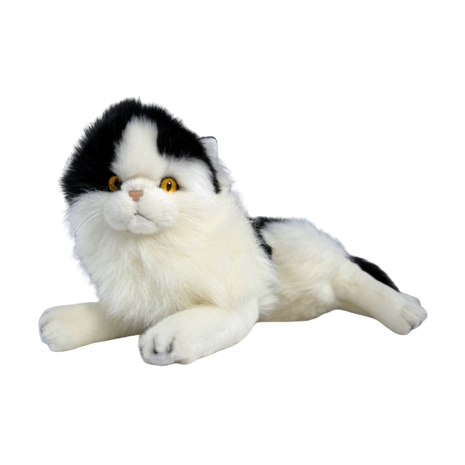 Woodrow Piebald cat plush toy lying