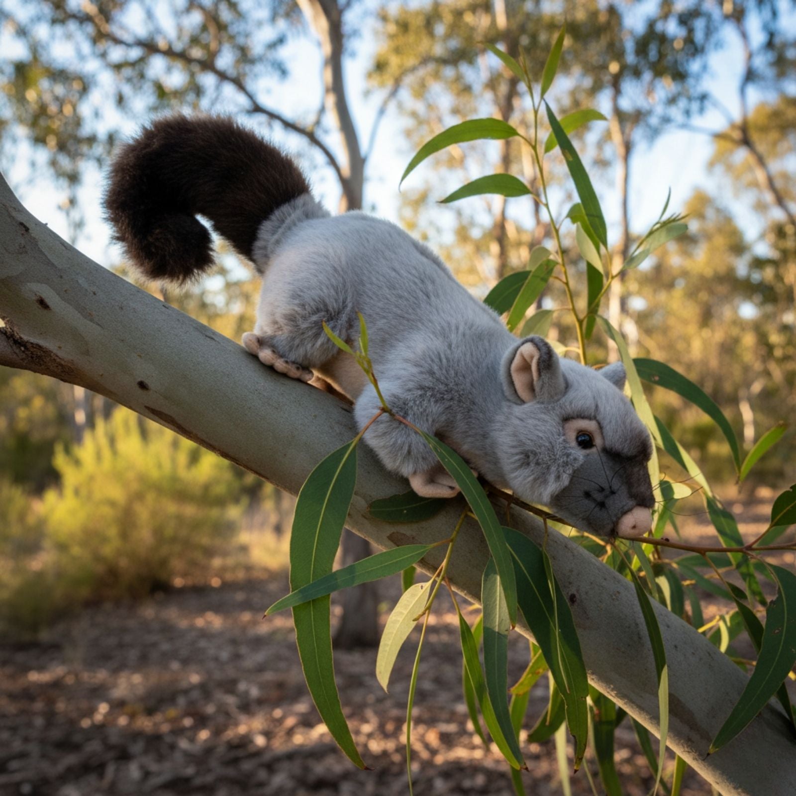 Gray Possum on a tree branch with green leaves in a forest setting
