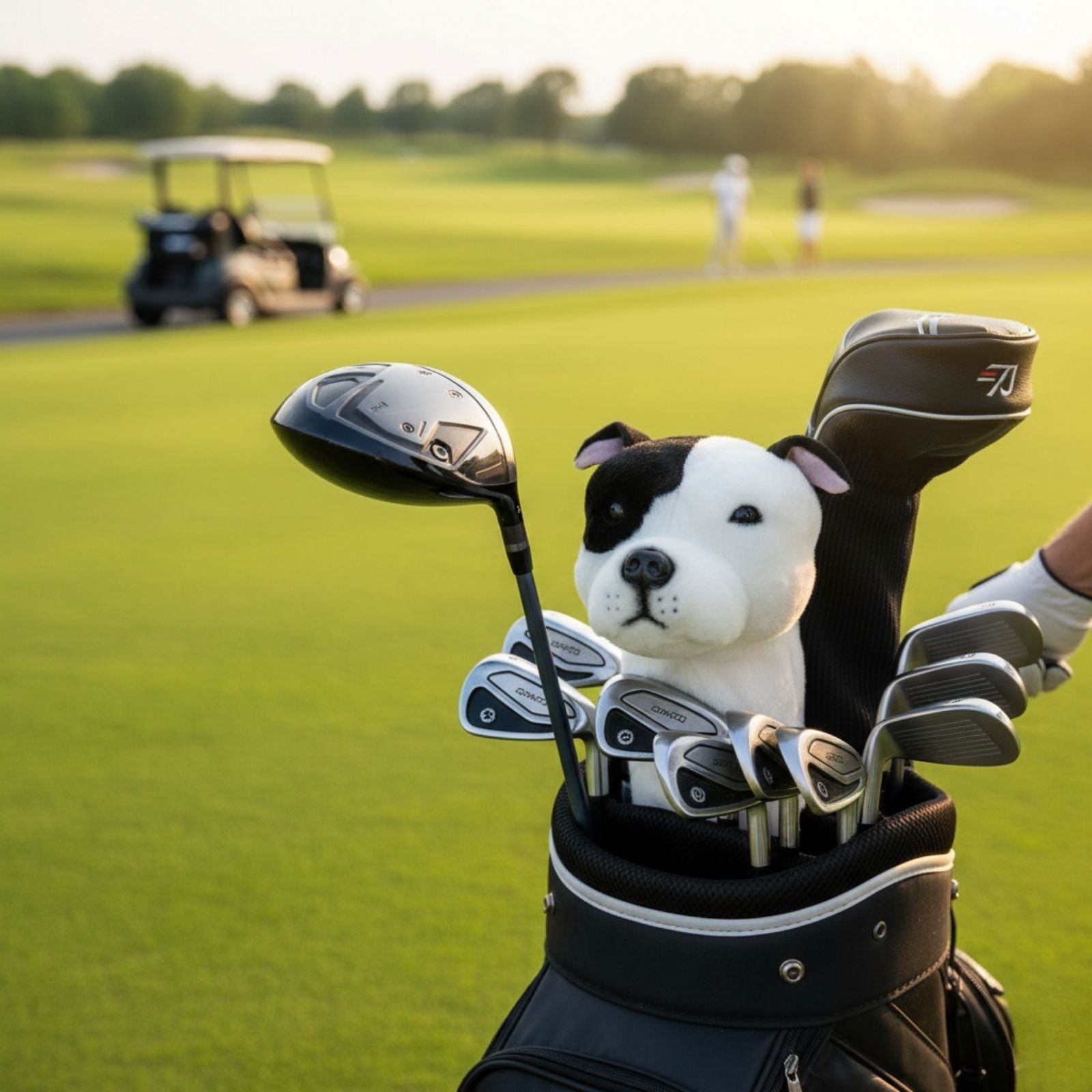 White Staffy golf club head cover “White and black dog plush head cover on golf bag with players in the back