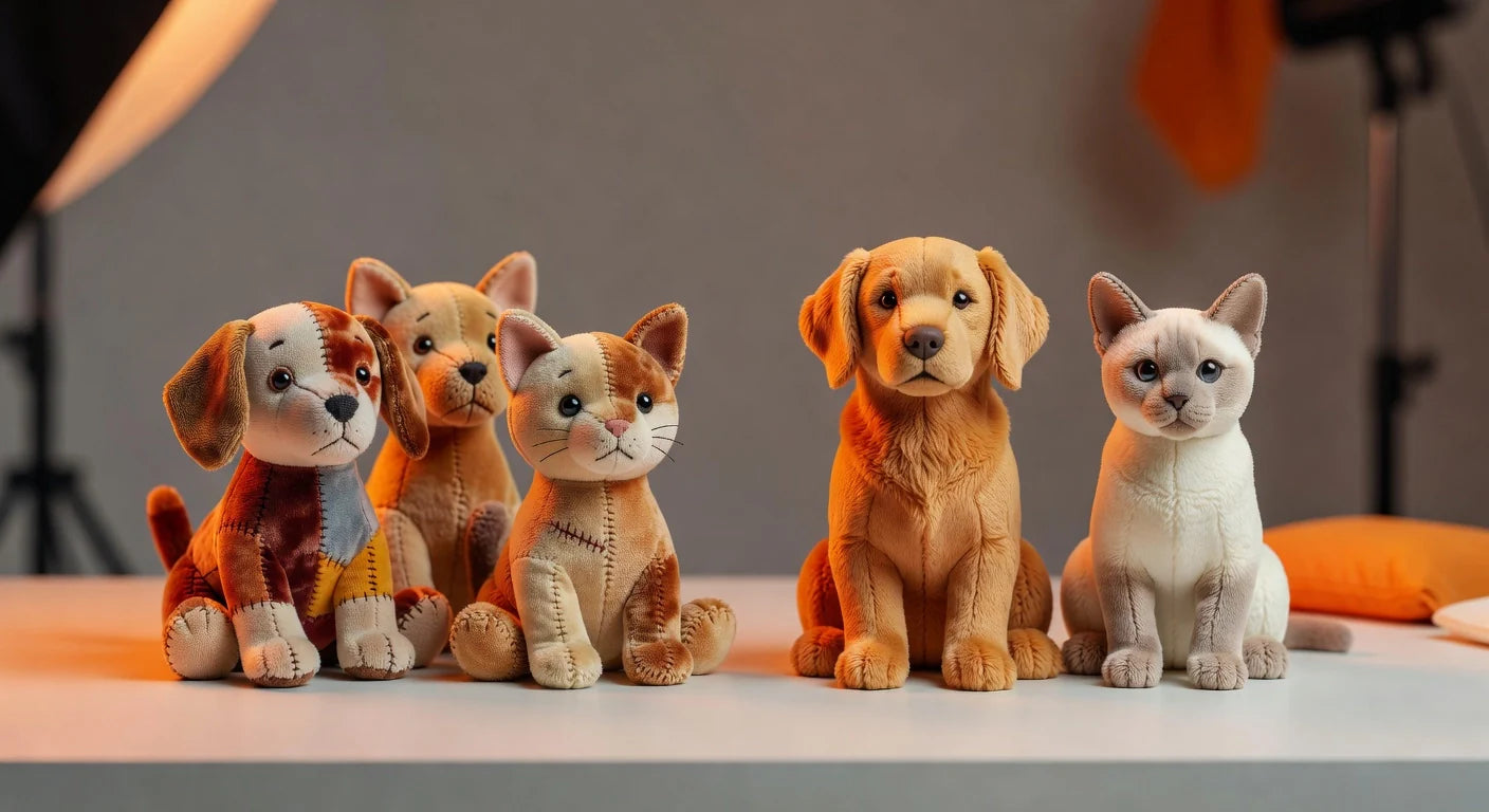 Professional header image for comparison analysis: Stuffed Animal Pet Replicas: Custom vs Breed Plush