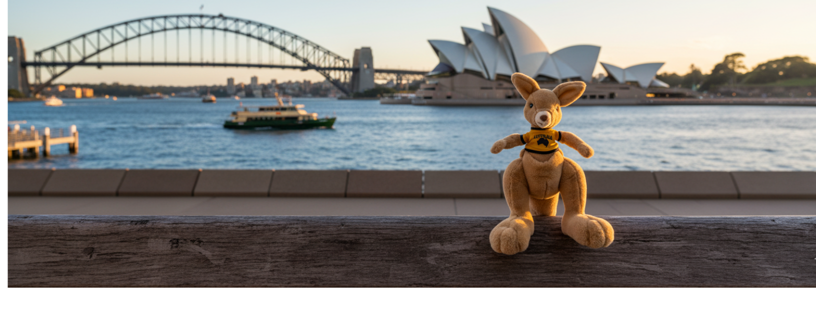 A kangaroo plush toy, wearing a yellow and black "Australia" shirt, sits on a wooden railing in the foreground.