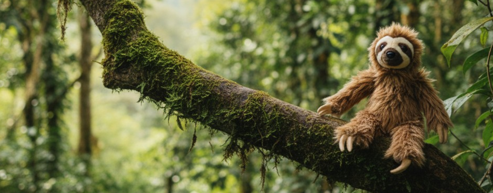 A plush sloth sitting on a mossy tree branch in a forest.