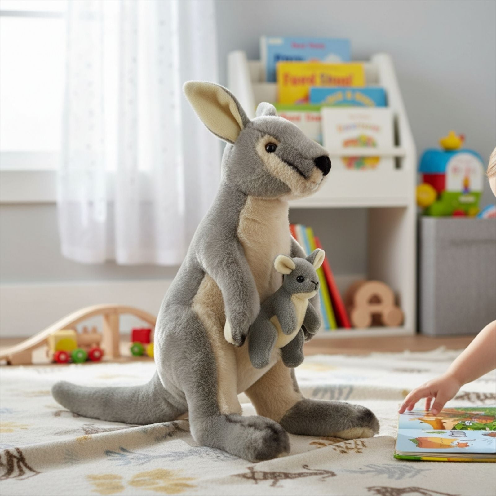 Plush kangaroo toy with a baby kangaroo on a carpeted floor with toys and books in the background.