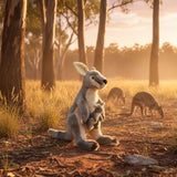 Plush kangaroo toy in a forest setting with real kangaroos in the background.