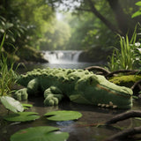 Green plush alligator toy in a natural setting with water and foliage