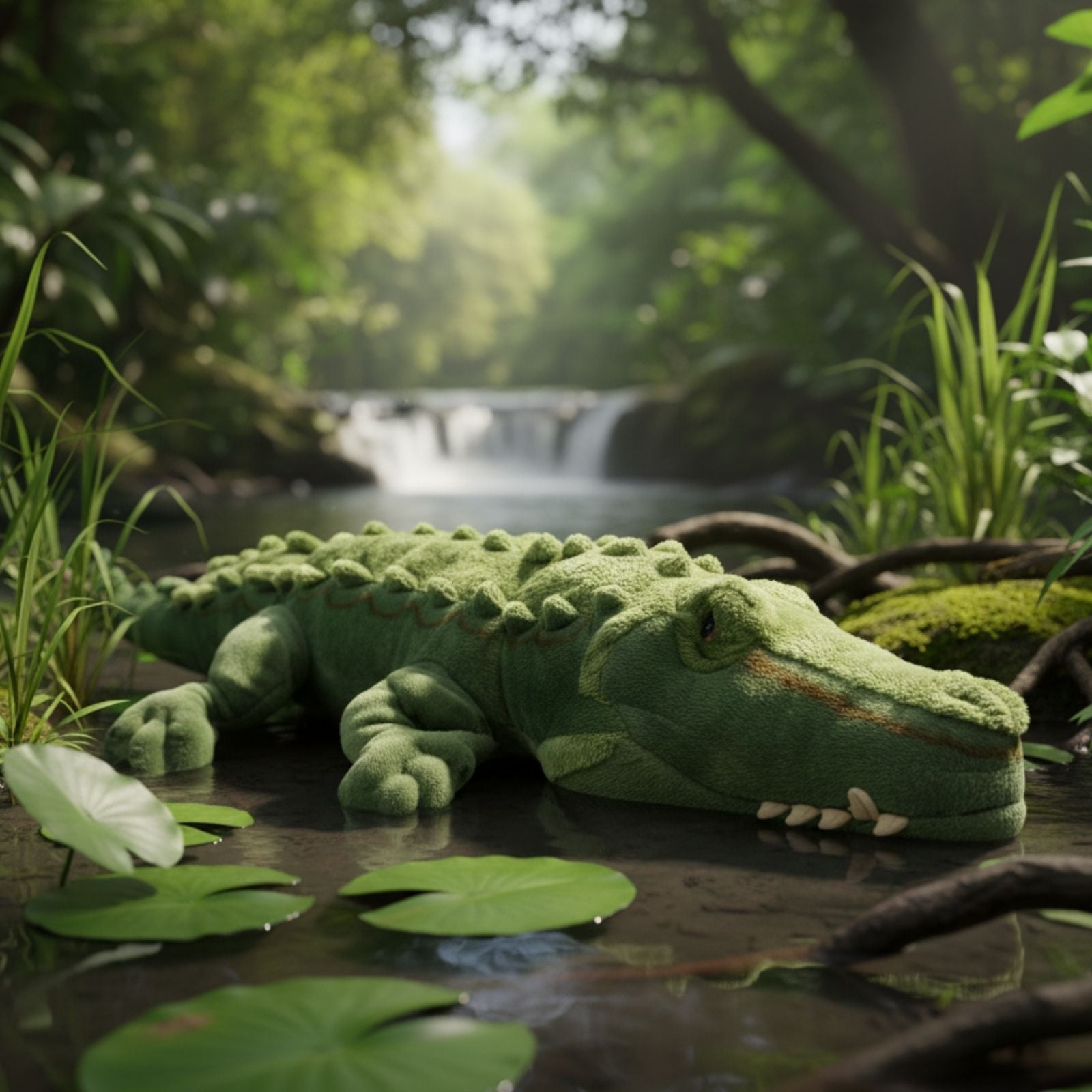Green plush alligator toy in a natural setting with water and foliage