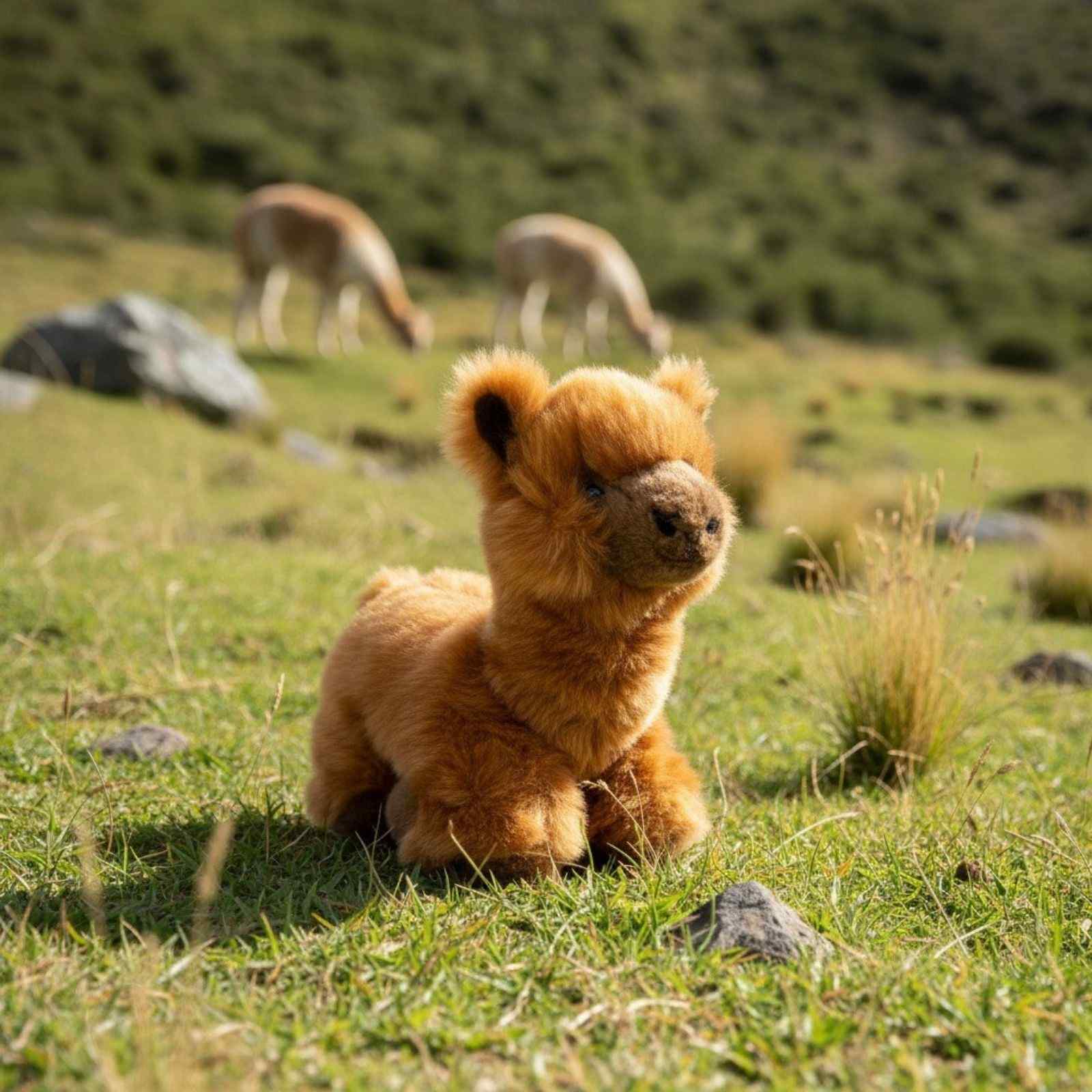a charming brown plush toy alpaca in a lying position