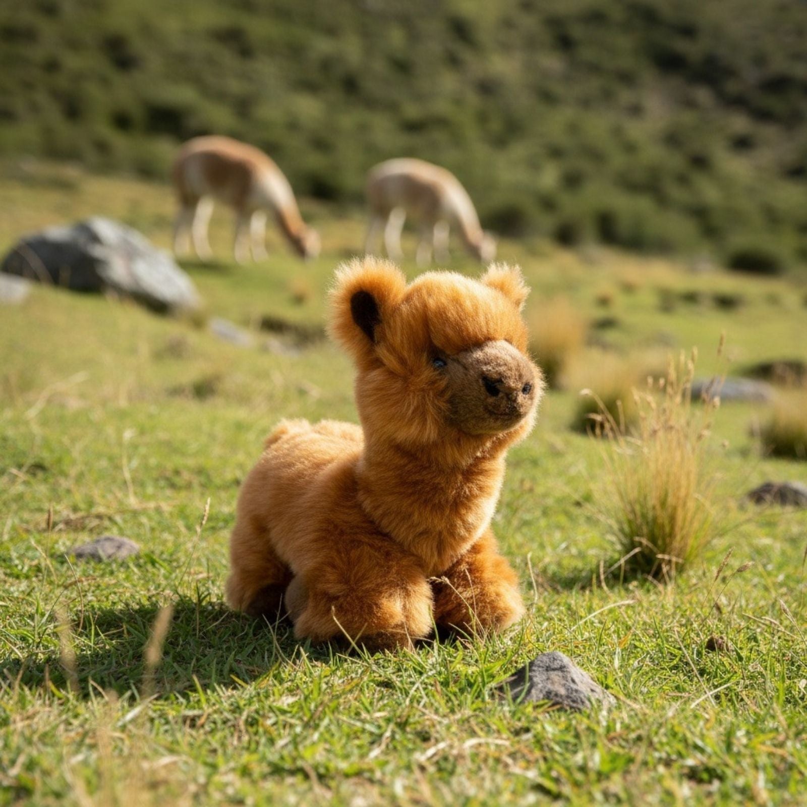 a charming brown plush toy alpaca in a lying position